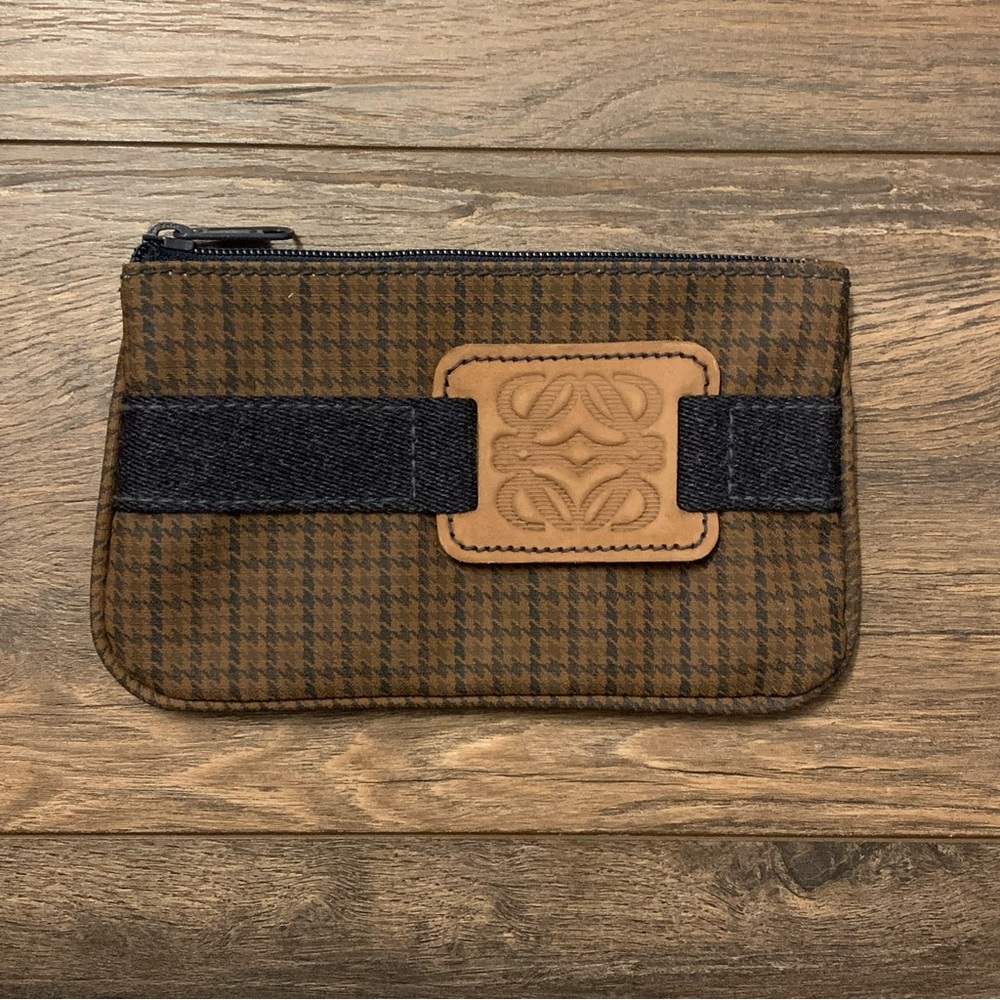 ❌SOLD❌ Vintage Loewe Anagram Brown Houndstooth Canvas and Leather Cosmetic Pouch